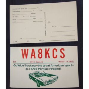 Vintage WA8KCS Ham Radio QSL Card‎ 1968 Pontiac Firebird Detroit Michigan Unused